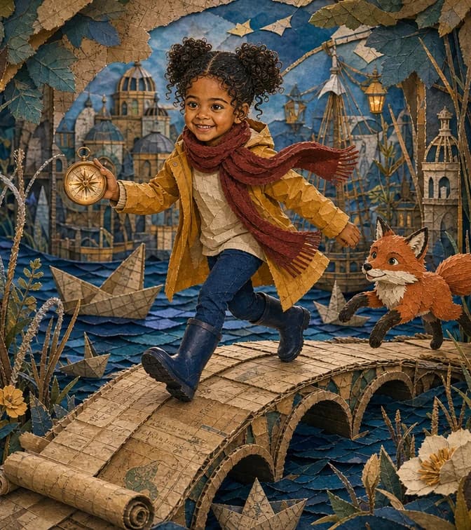 La même enfant transformée en héroïne dans le style Collage