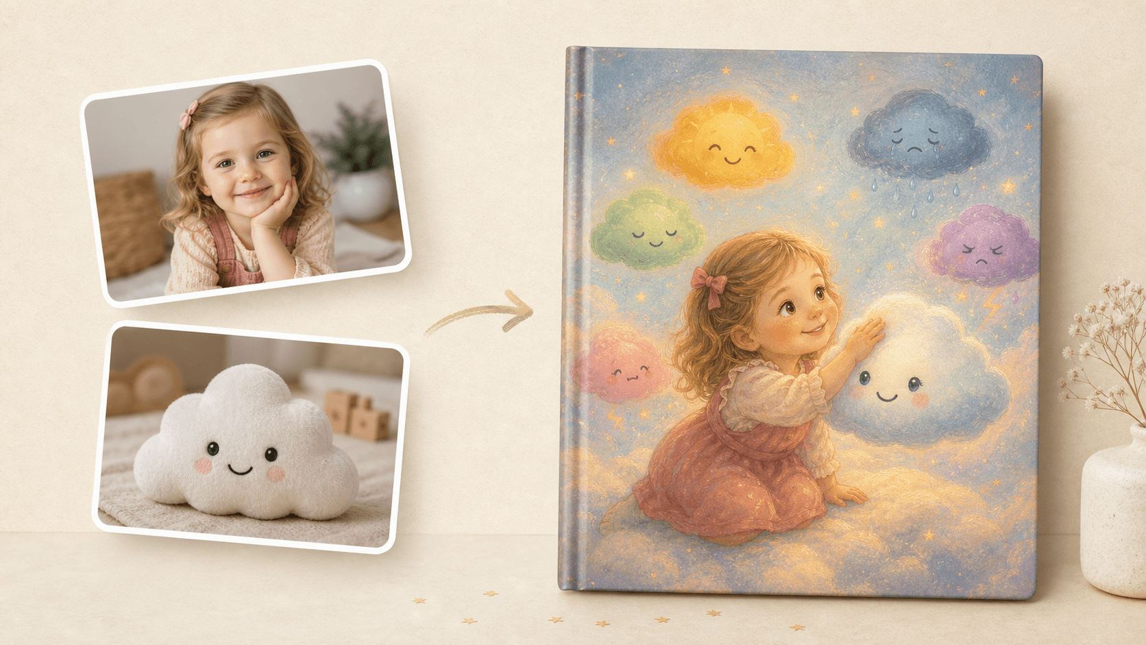 Exemple avant apres avec photos demo et livre illustre de Lina avec un nuage des emotions