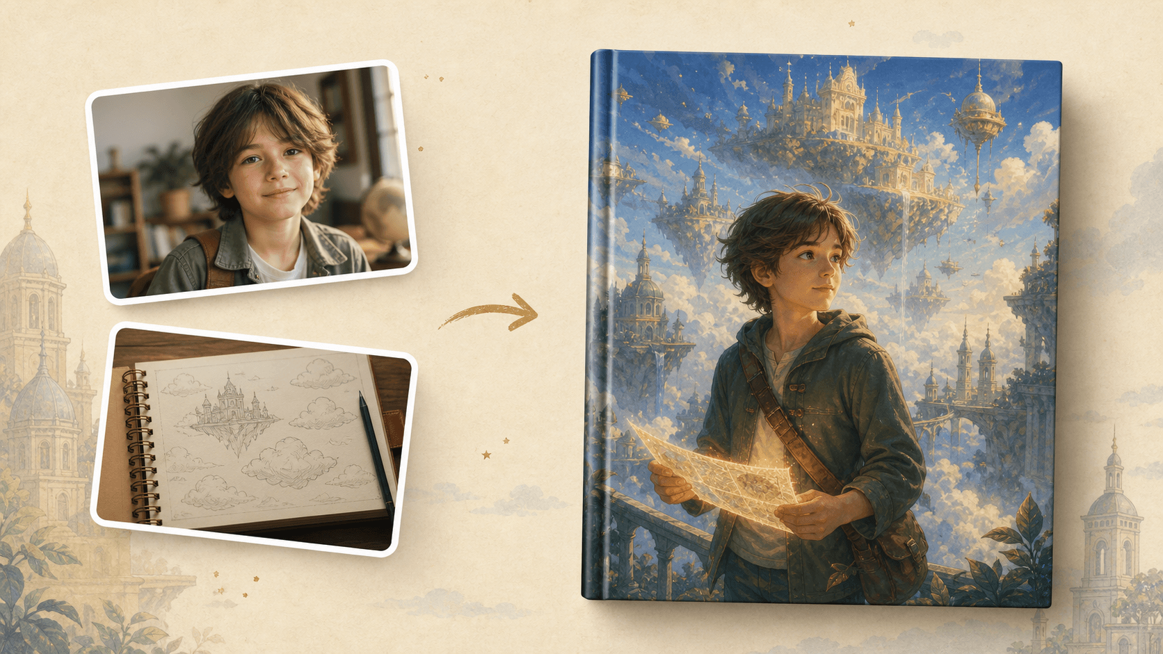 Exemple avant apres avec photos demo et livre illustre de Sam dans une cite des nuages