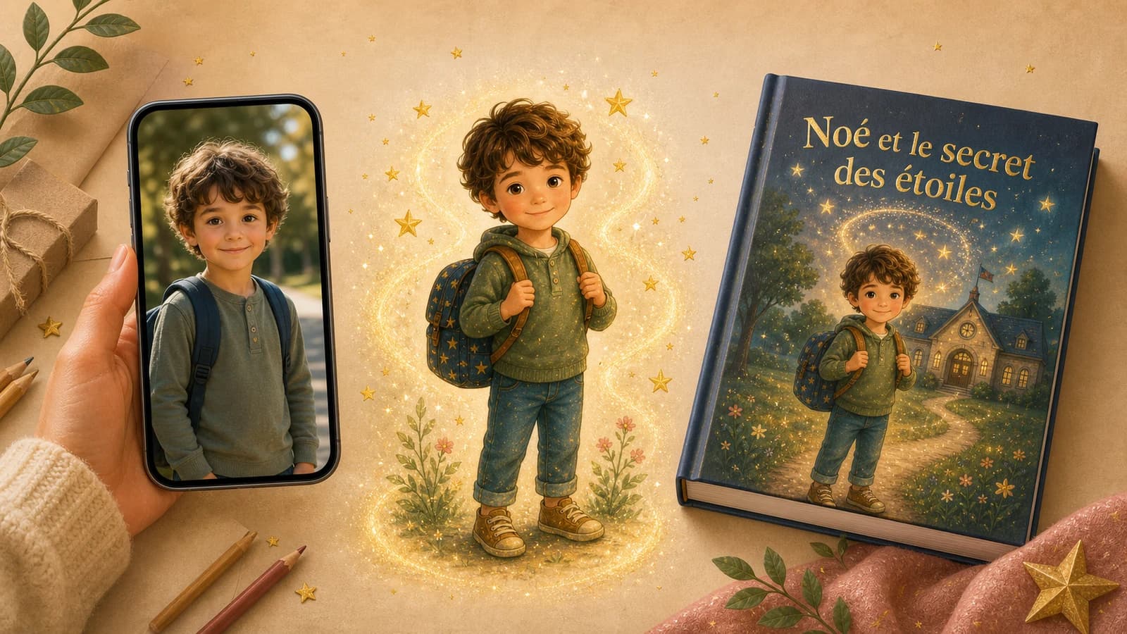 Photo d'enfant transformee en heros illustre puis en livre personnalise physique